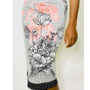 ECI Stretch Skirt in Black and White Gingham Check with Pink Floral, Sz M, NWT